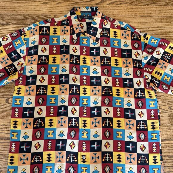 VINTAGE TIMNEY FOWLER FOR GO SILK ALL OVER PRINT MENS SHIRT Large Medium Tribal - Picture 2 of 11